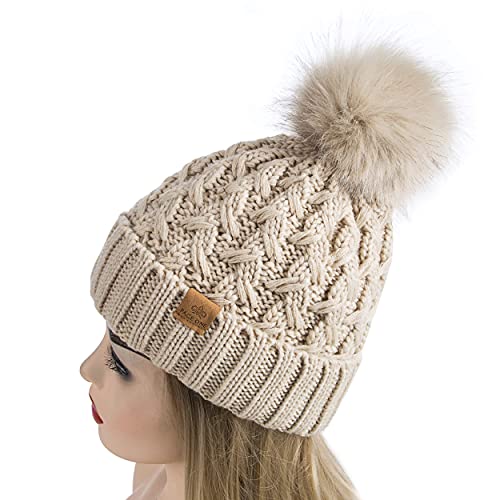 PAGE ONE Womens Winter Ribbed Beanie Crossed Cap Chunky Cable Knit Pompom Soft Warm Hat