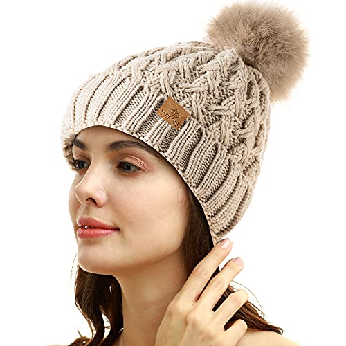 PAGE ONE Womens Winter Ribbed Beanie Crossed Cap Chunky Cable Knit Pompom Soft Warm Hat