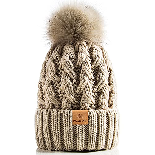 PAGE ONE Womens Winter Ribbed Beanie Crossed Cap Chunky Cable Knit Pompom Soft Warm Hat